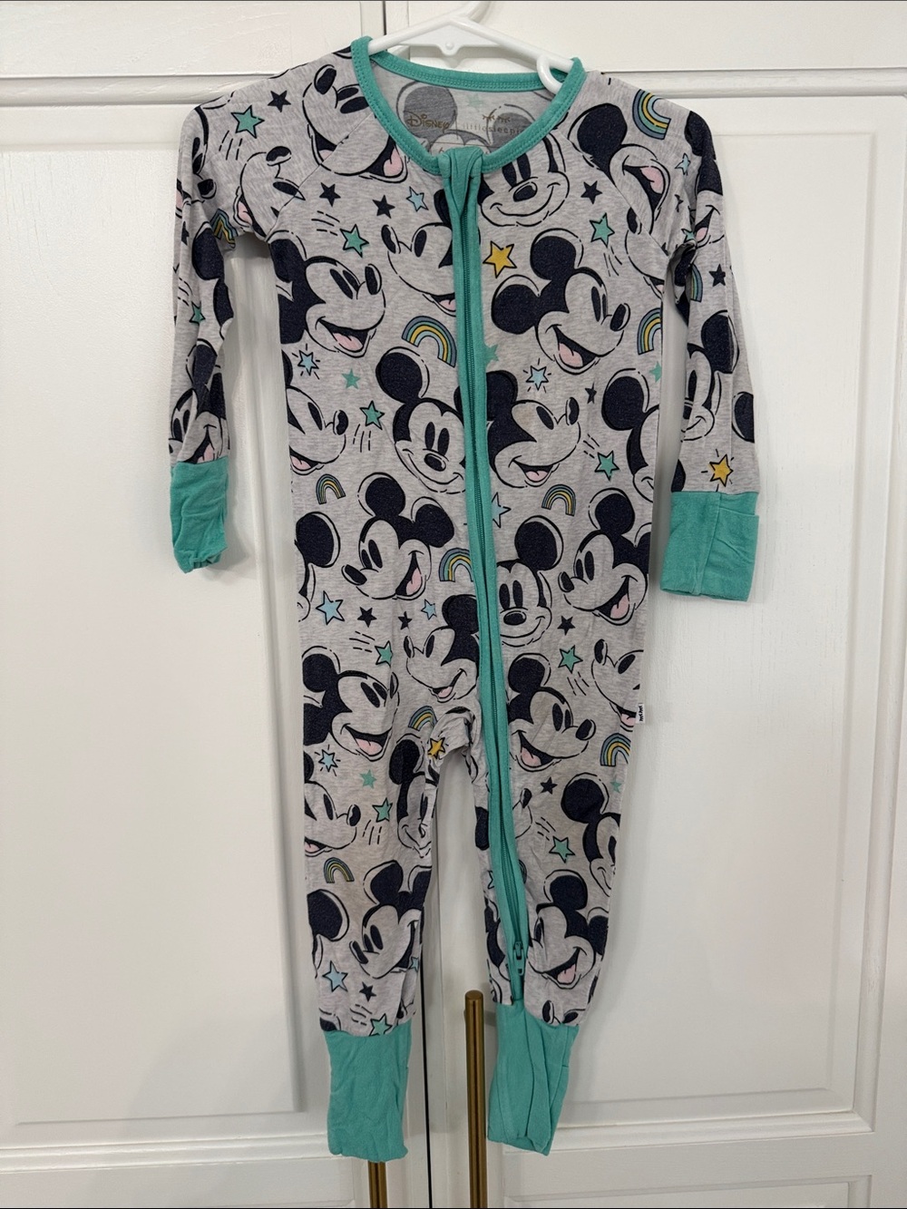 Disney x Little Sleepies Gray Mickey Mouse One-Piece Footie with Teal Trim